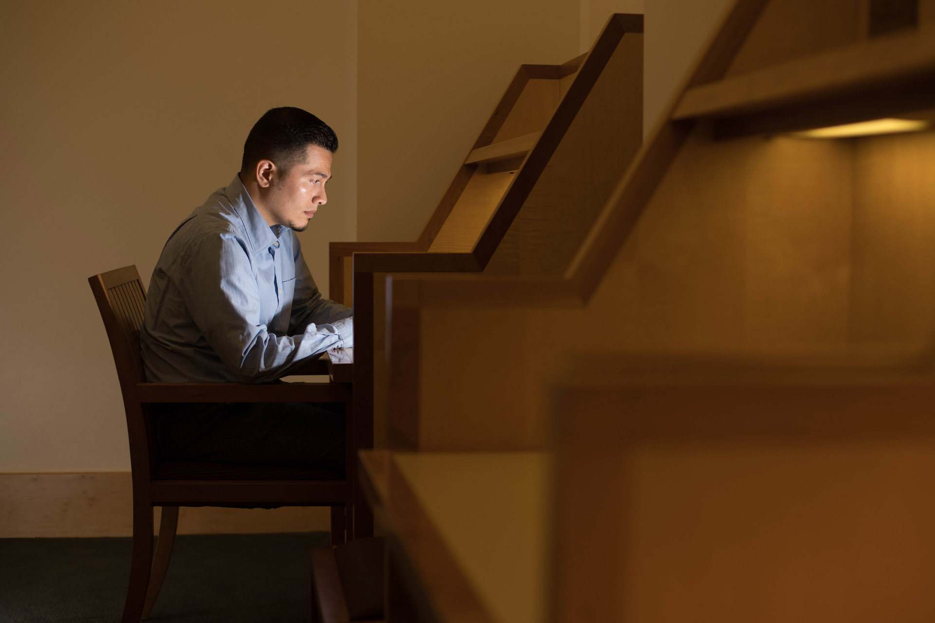 Hugo Aguilar, a second-year Pharmacy student with dyslexia, studies in the main library basement, ideally with no one around him to reduce ambient noise which helps him focus, at the Kalmanovitz Library, on the Parnassus campus.