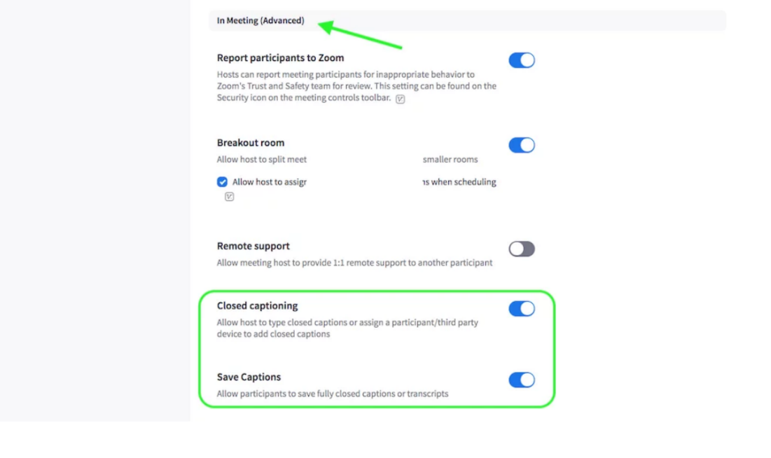 Screenshot of Zoom in Meeting (Advanced) settings page. There is a green circle highlighting the 'closed captioning' and 'save captions' functions, and they are both turned on.