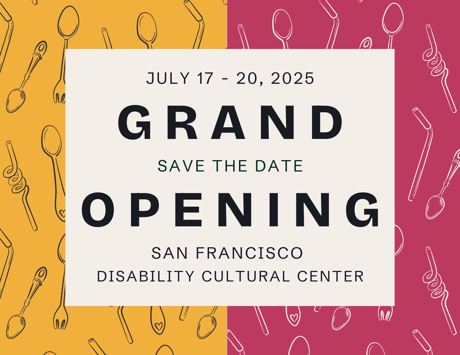 Grand Opening of the San Francisco Disability Cultural Center with background of spoons and straws.